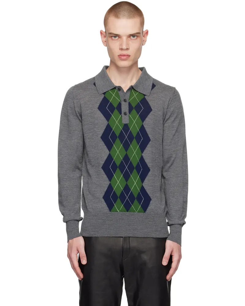 AMI Paris Gray Argyle Polo Heather