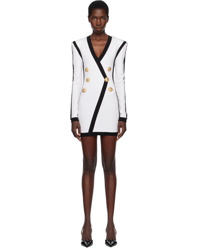 Balmain White LS V-Neck Tailored Bodycon Short Minidress Gab