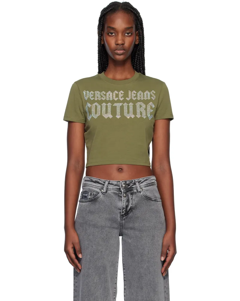 Versace Jeans Khaki Crystal Gothic Logo Crop T-shirt E151