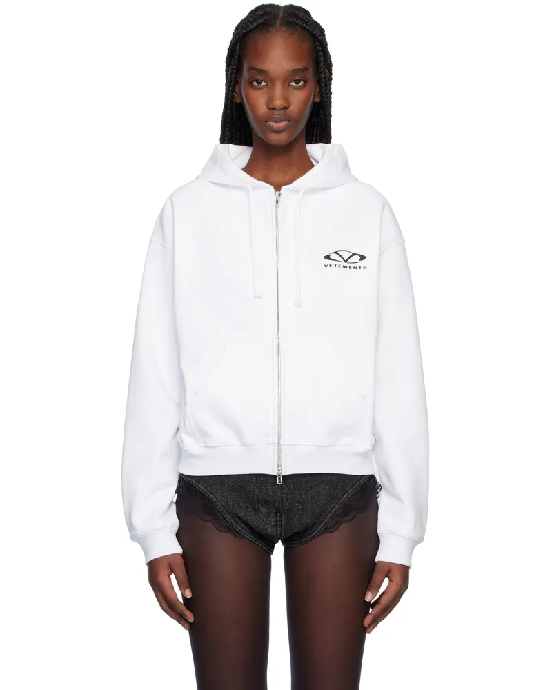 VETEMENTS White Oval Logo Zip-Up Hoodie White