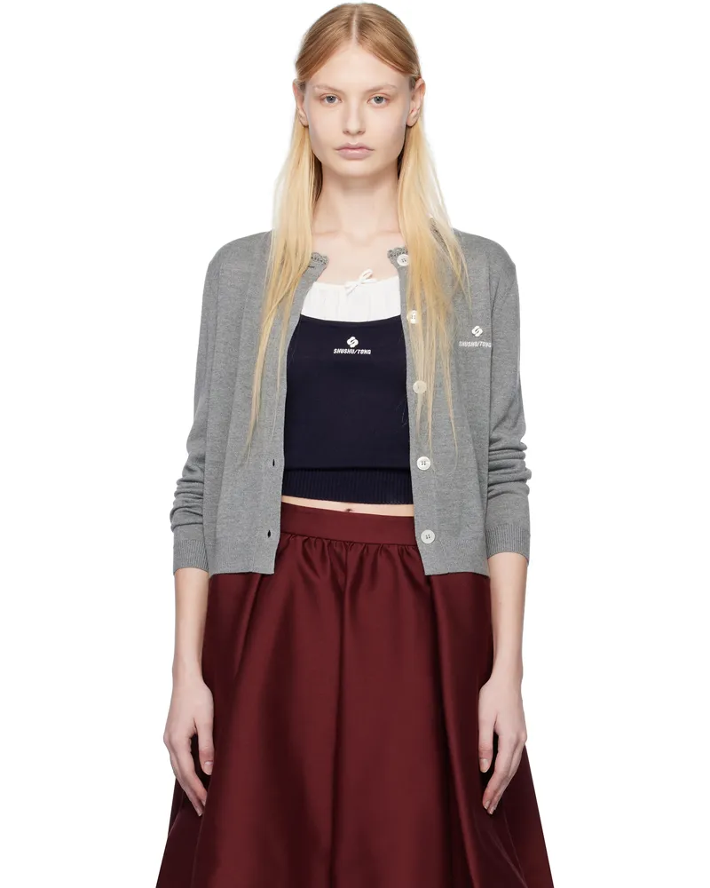 SHUSHU/TONG Gray Logo-Stitch Knit Cardigan Gr100