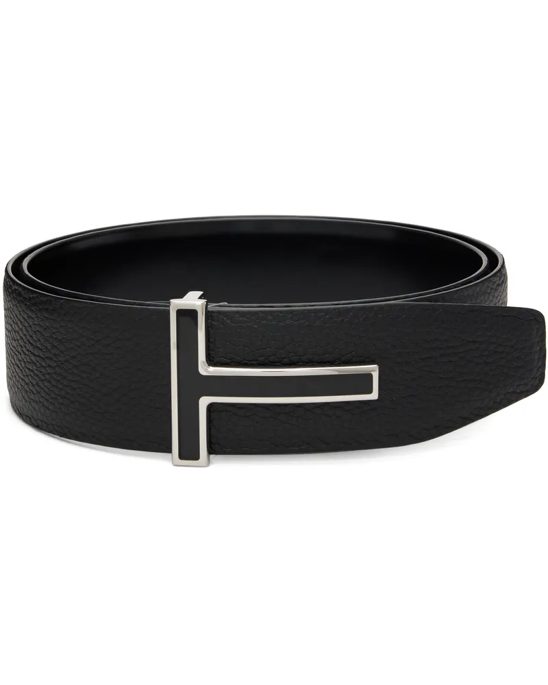 Tom Ford Black Leather Enamel Buckle T Reversible Belt 1n001black