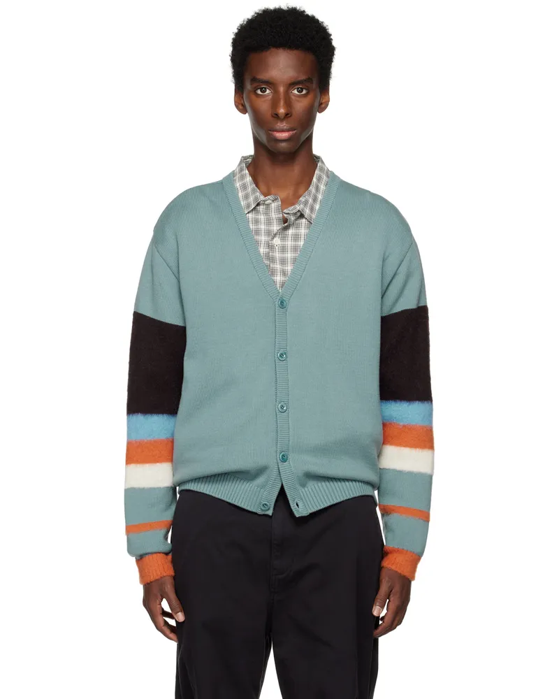 AWAKE NY Blue Striped Sleeve Cardigan Teal