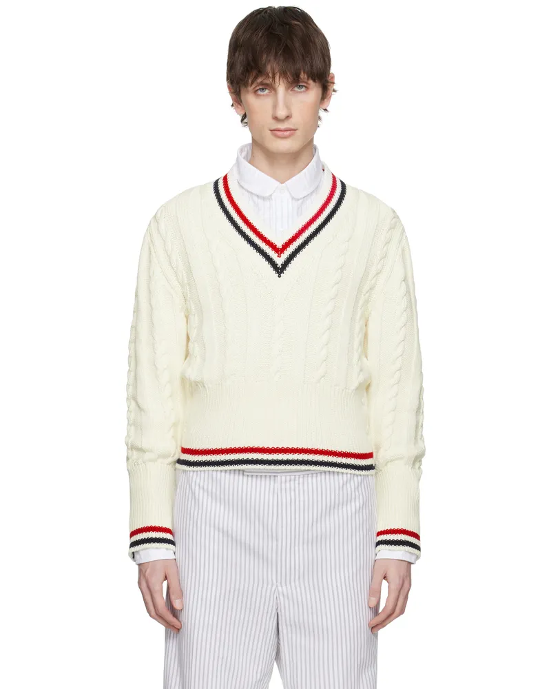 Thom Browne White Baby Cable Classic V Neck Sweater 100