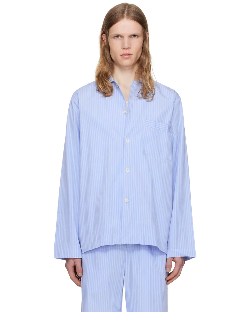 TEKLA Blue Poplin Long-Sleeved Pyjama Shirt Pin