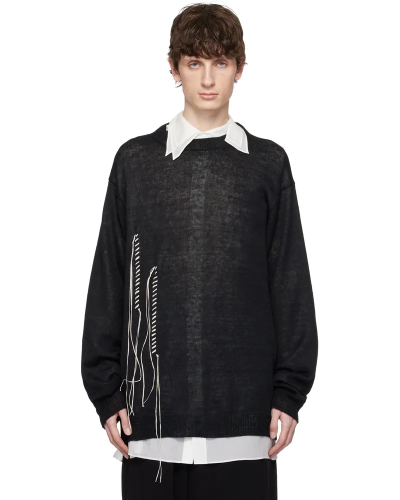 Yohji Yamamoto Black 10G Plated Crossed Pattern Embroidery Sweater 2