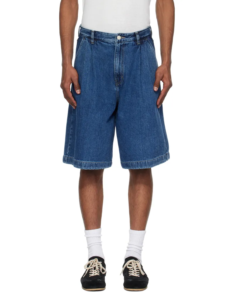 SOLID HOMME Blue Pleated Denim Shorts 721l