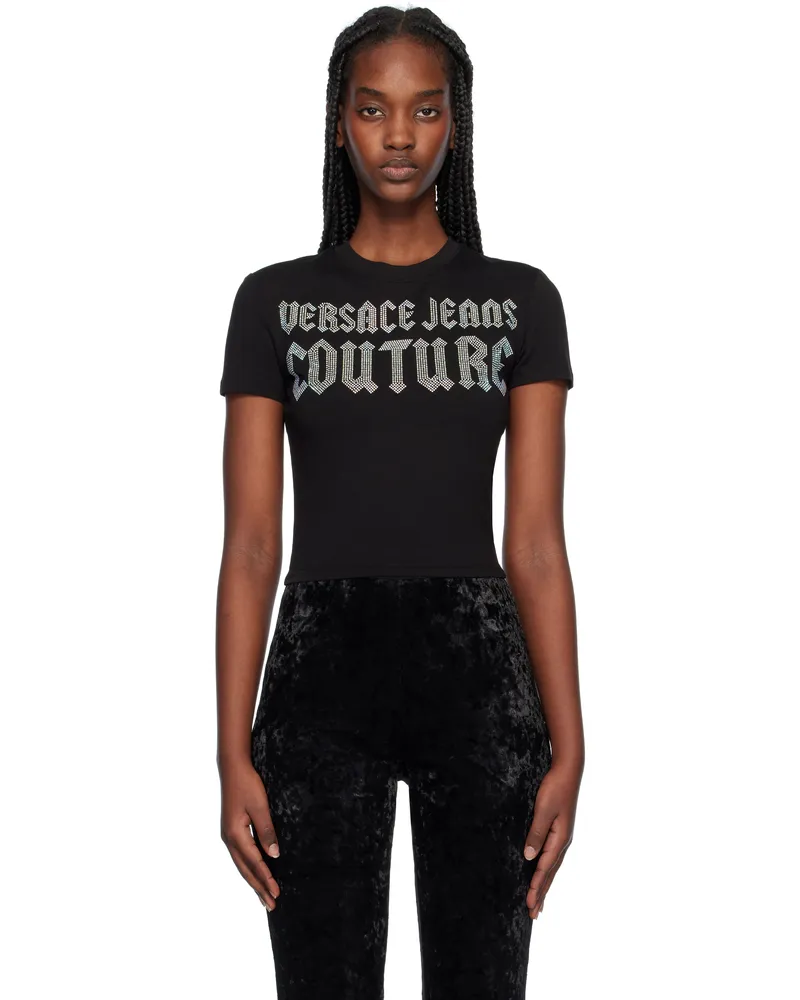 Versace Jeans Black Crystal Gothic Logo Crop T-shirt E899