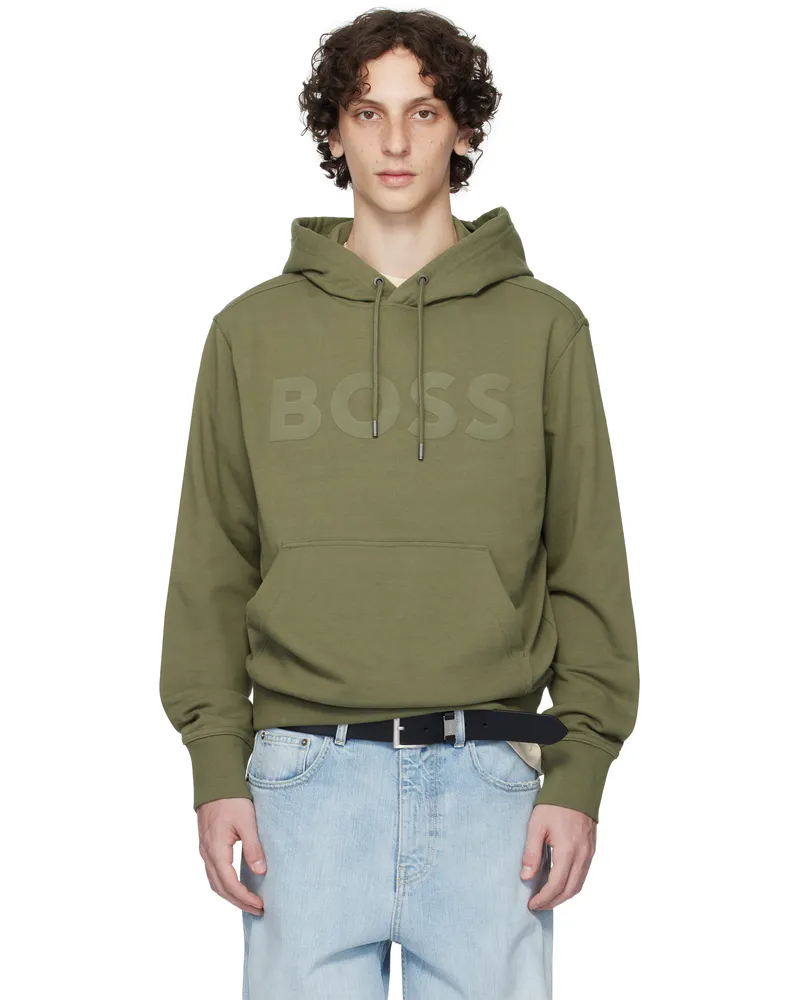 HUGO BOSS Khaki Relaxed-Fit Large Logo Hoodie 342-open
