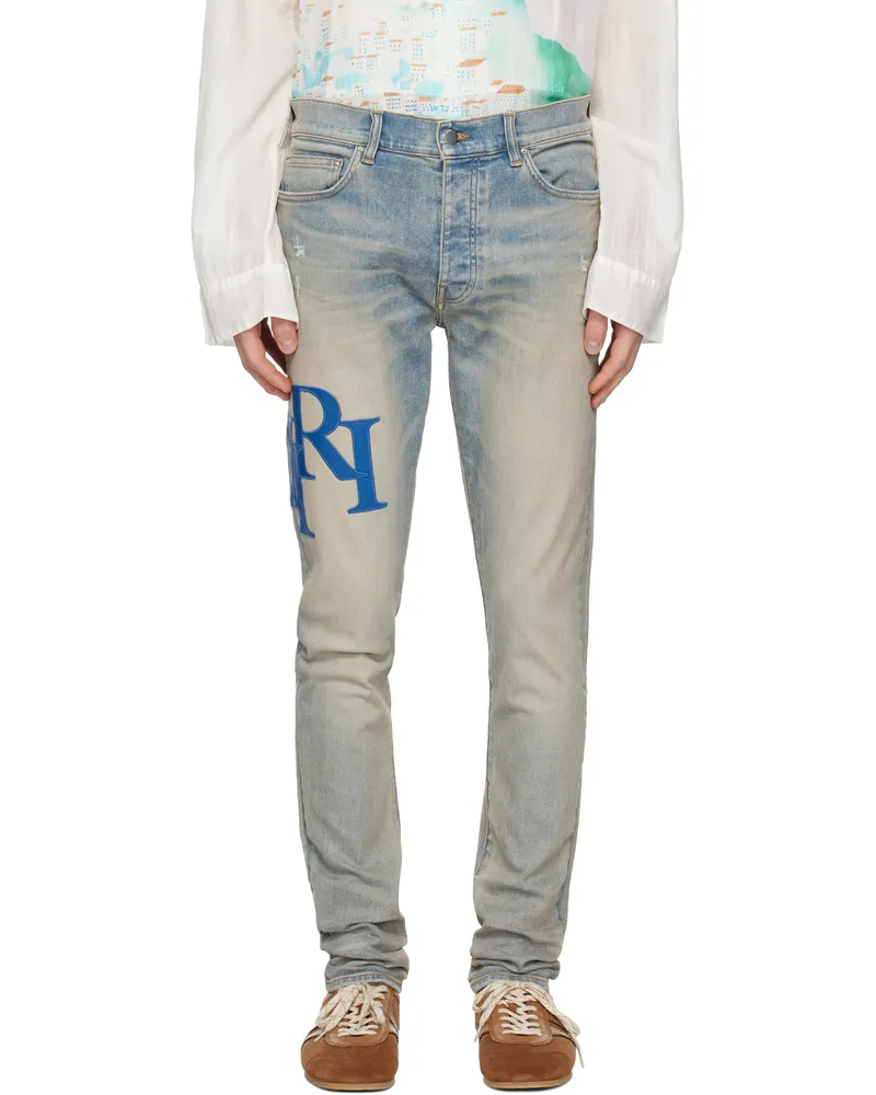 Amiri Blue Staggered Logo Skinny Jeans Antique