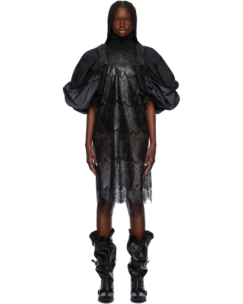 Junya Watanabe Black & Gray Polyester Scalloped Lace X Nylon Rip-Stop Midi Dress Black