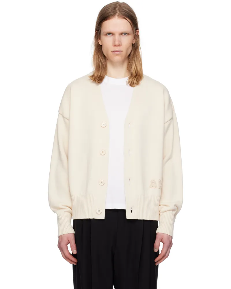 AMI Paris Off-White Cotton Wool 'Ami' Embroidered Cardigan 136