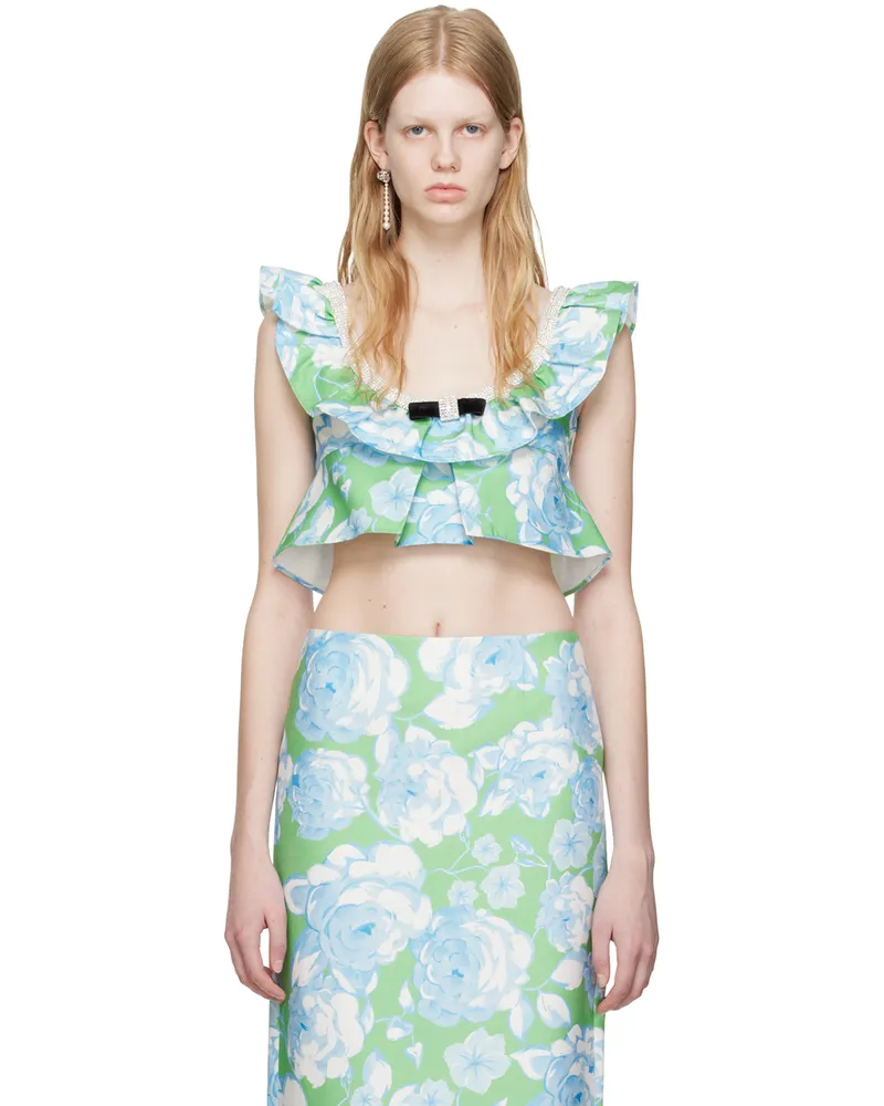 SHUSHU/TONG Blue & Green Ruffled Tank Top Pt102