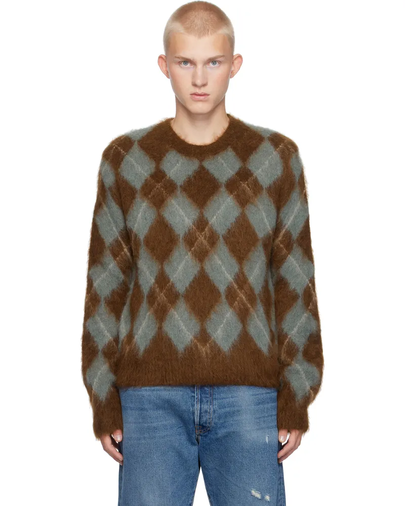 AMI Paris Blue & Brown Alpaca Mohair Brushed Argyle Sweater Fawn