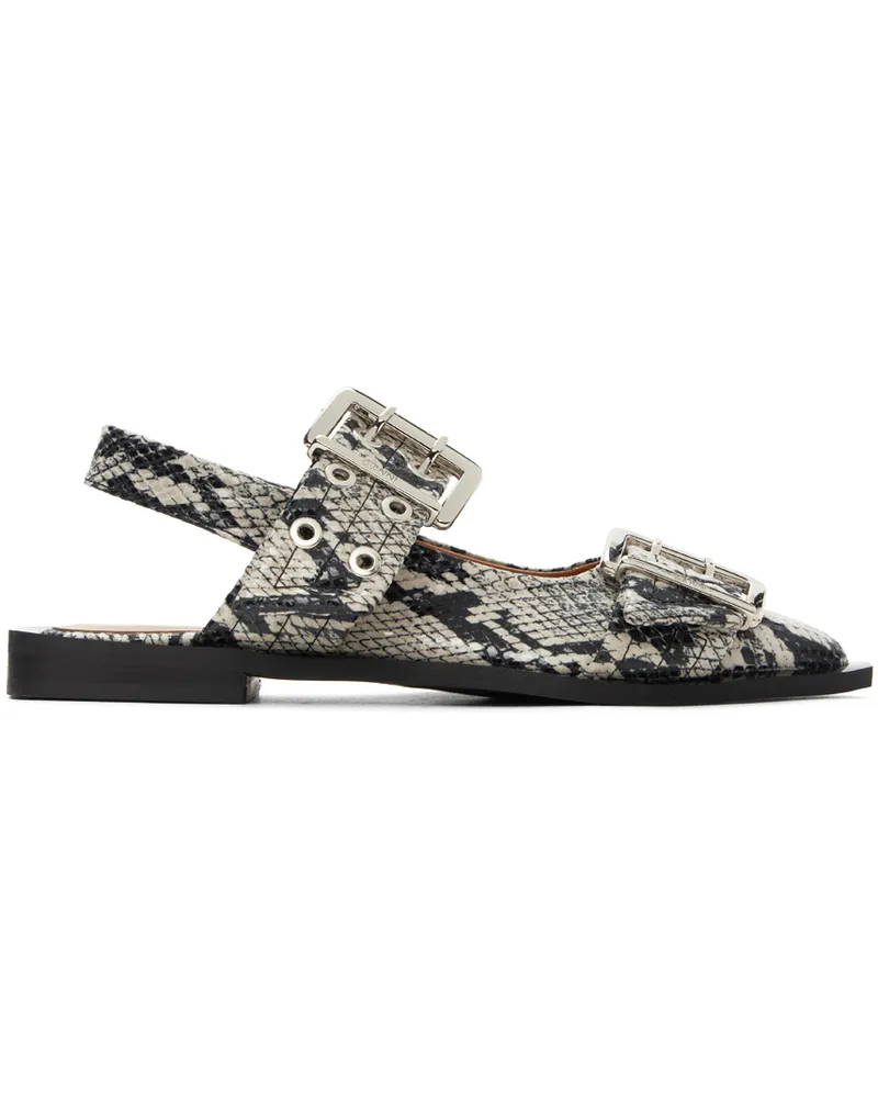 Ganni Beige & Black Snake Printed Chunky Buckle Ballerina Flats 934