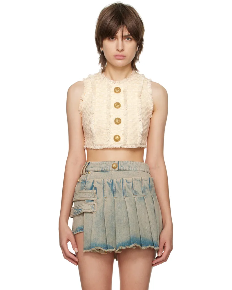Balmain Beige Fringed Tank Top 0aq