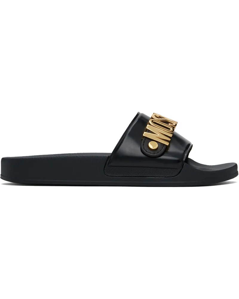 Moschino Black Lettering Logo Pool Slides Black
