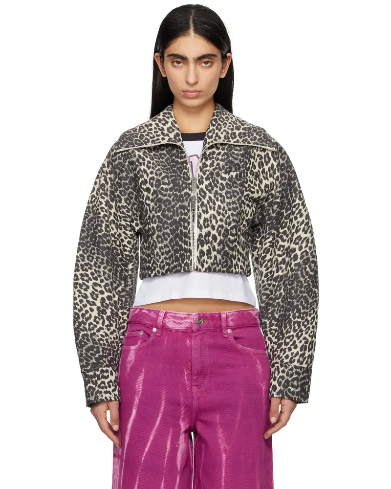 Ganni Beige & Gray Leopard Curve Sleeve Short Jacket 943