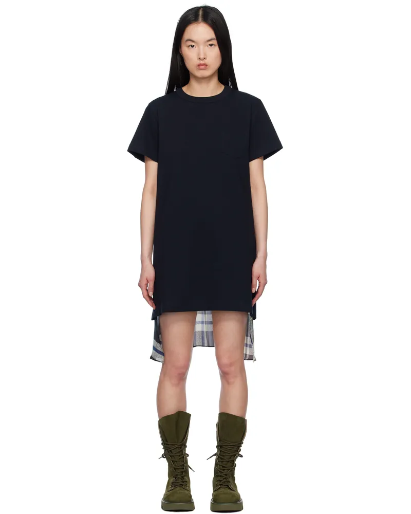 Sacai Black & Green Plaid Print Cotton Jersey Minidress 564