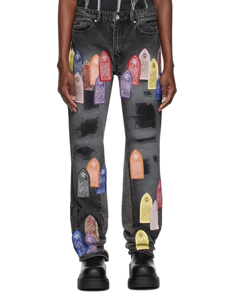 WHO DECIDES WAR Black Patch Arched Repaired Distressed Jeans Coal