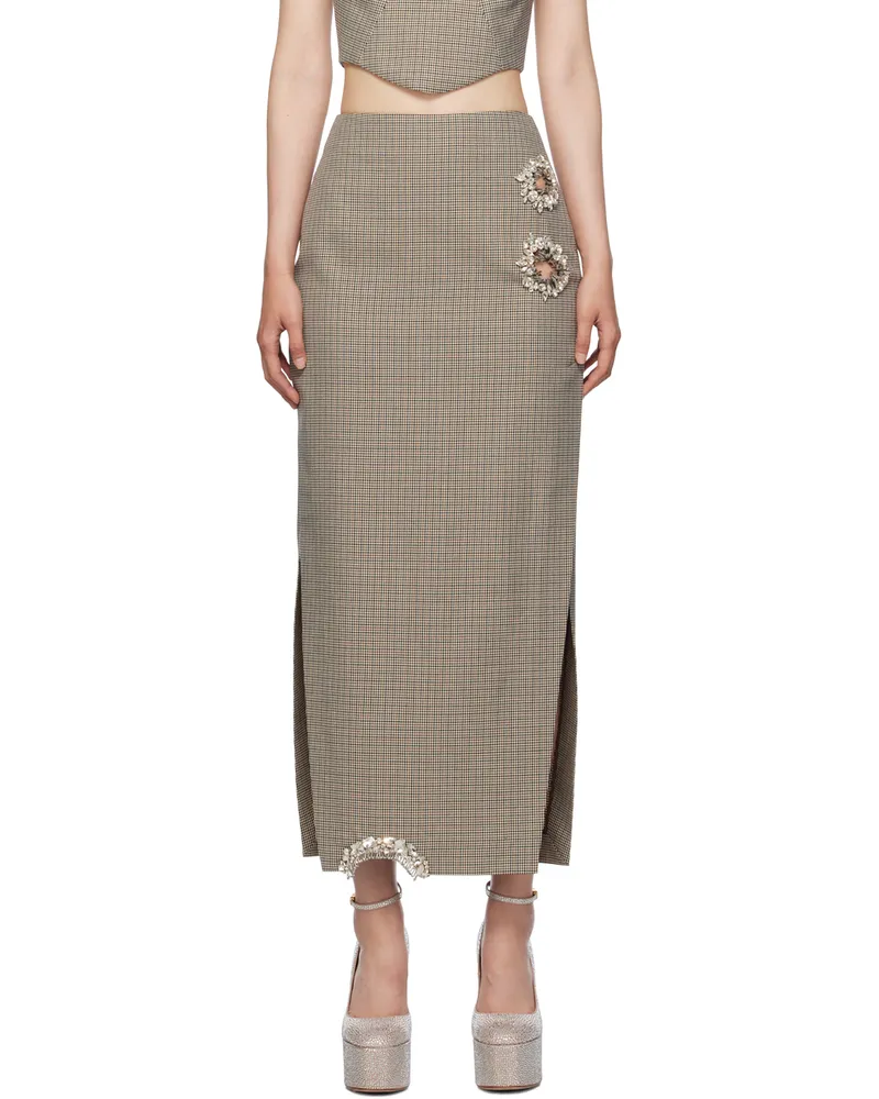 Area Brown Distressed Crystal Midi Skirt Brown