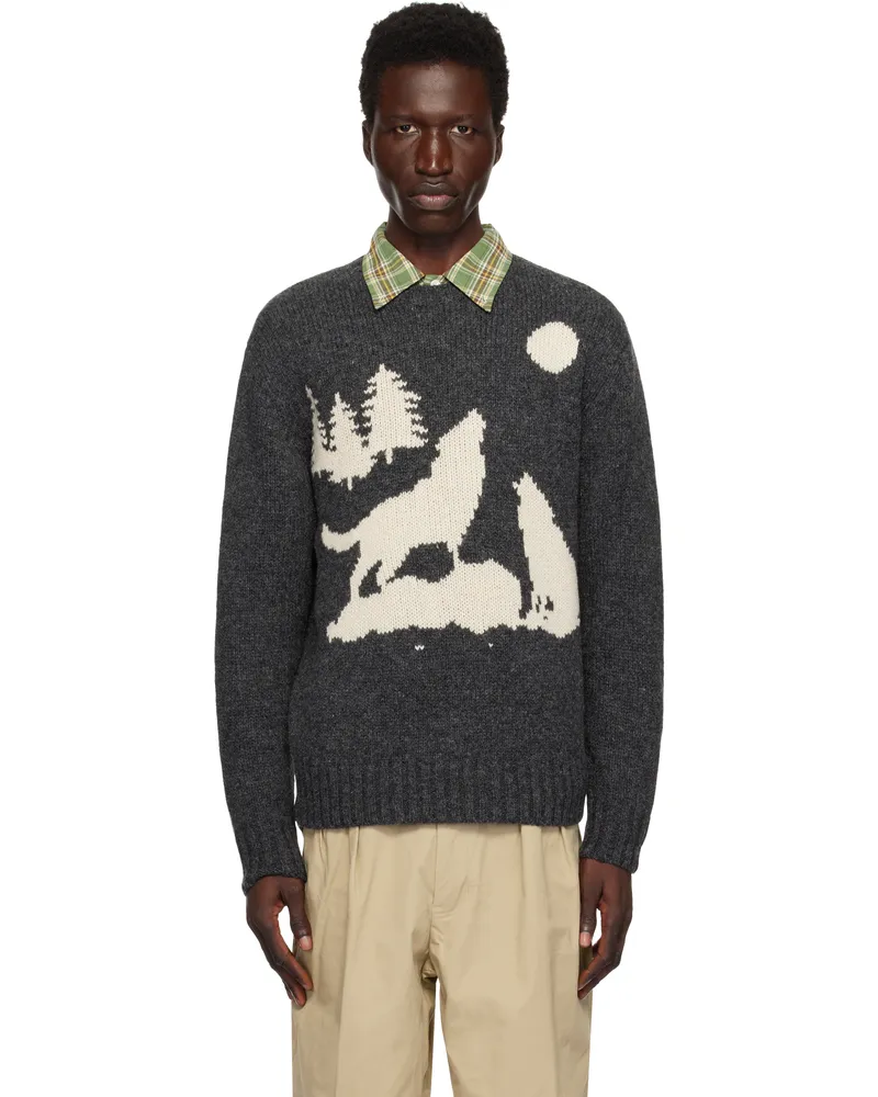 Beams Plus Gray Crew Intarsia 3G Sweater Charcoal.g17
