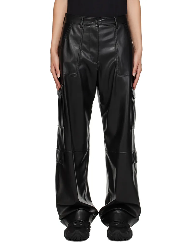 MSGM Black Cargo Pockets Faux-Leather Trousers 99
