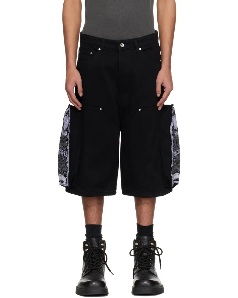 WHO DECIDES WAR Black Side Embroidery Denim Shorts Coal