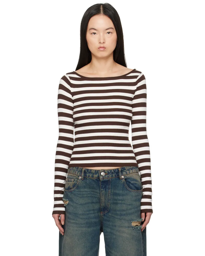Frankies Bikinis Brown & Off-White Theo Striped Knit Sweater Brown