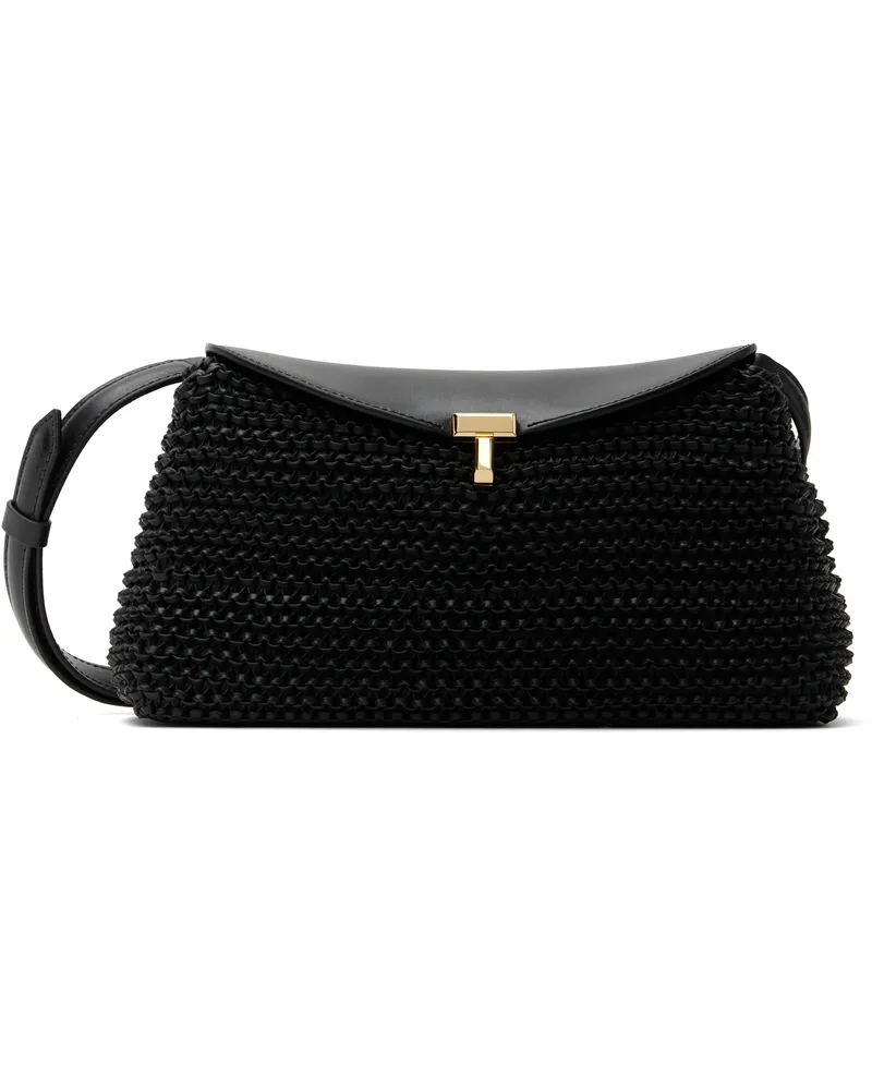 Totême Black T-Lock Woven-Leather Clutch Black