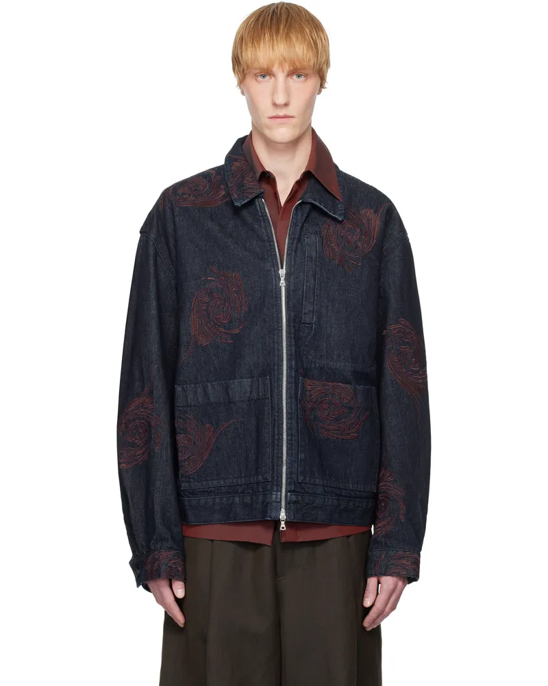 Dries van Noten Navy Embroidered Pattern Denim Jacket 507