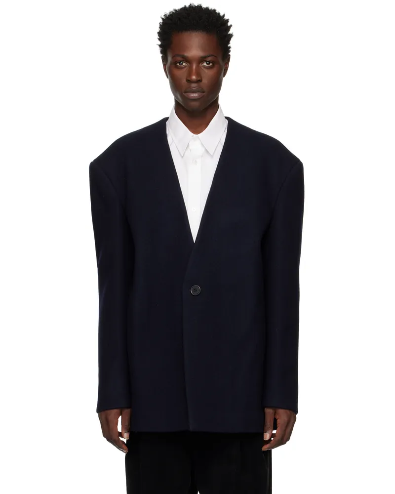 WE 11 DONE Navy Collarless Oversized Blazer Navy
