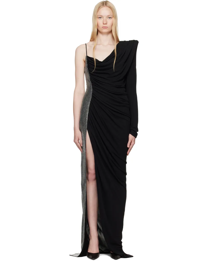 Balmain Black Draped Asymmetrical Two-Material Maxi Dress Eac