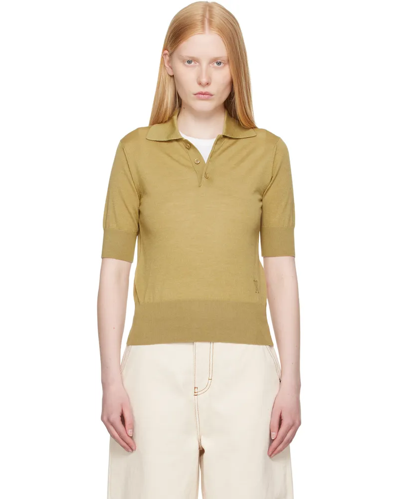AMI Paris Khaki Wool Tonal Ami de Coeur Polo Havana