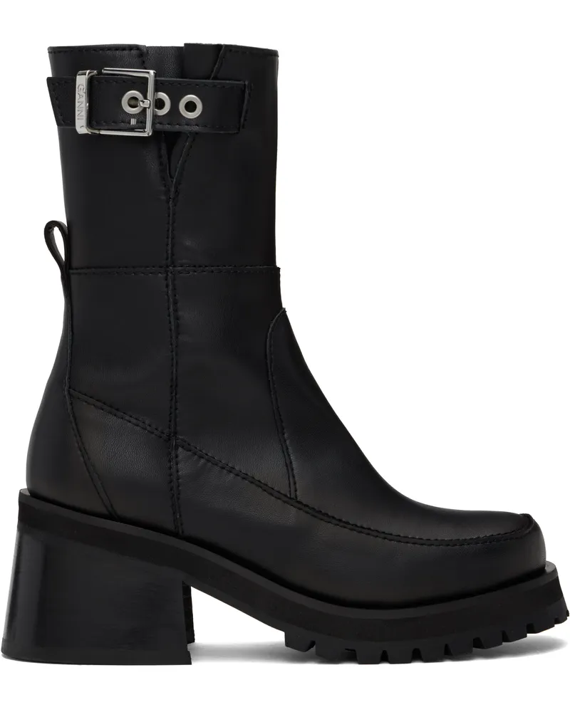Ganni Black Feminine Buckle Platform Boots 099