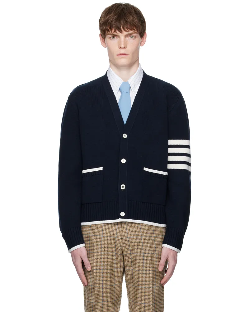 Thom Browne Navy Milano Stitch Merino Wool 4-Bar V-Neck Cardigan 415navy