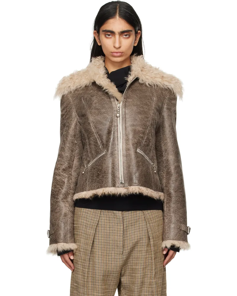 Acne Studios Brown Cracked Shearling Jacket Aj2
