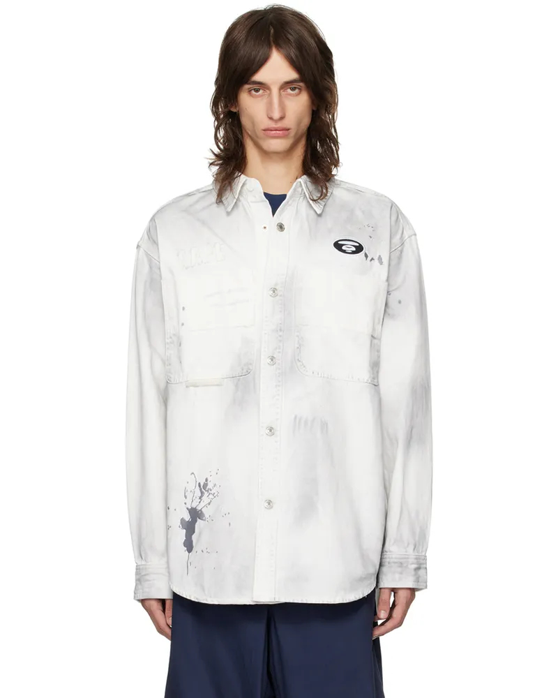 AAPE by A Bathing Ape White Embroidered Denim Shirt Whb