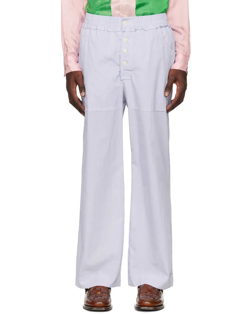 Edward Cuming White & Blue Raw Edge Trousers Blue