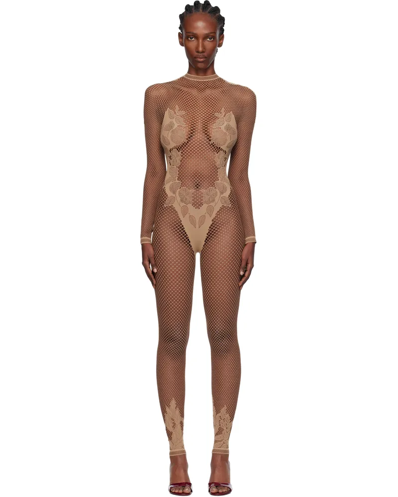 Poster Girl Beige Leaves Fishnet Capri Jumpsuit Beige