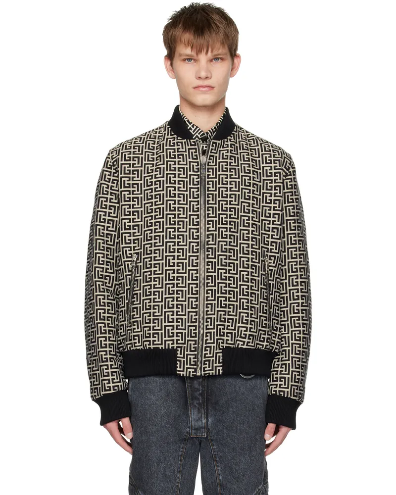 Balmain Black & Beige Monogram Reversible Bomber Jacket Gfe