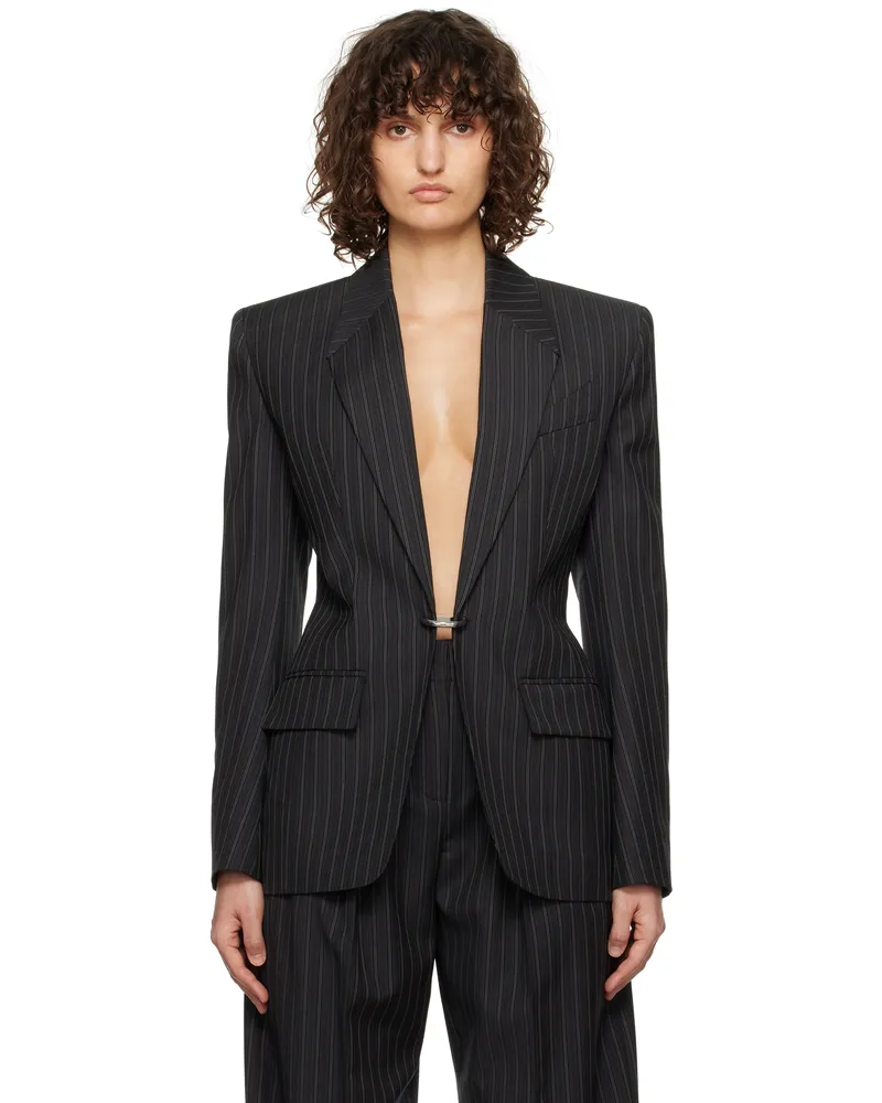 Thierry Mugler Black Pinstripe Pierced Tailored Blazer Bg99
