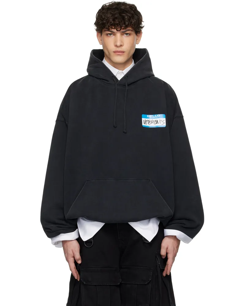 VETEMENTS Black 'My Name' Sticker Cropped Boxy Hoodie Black