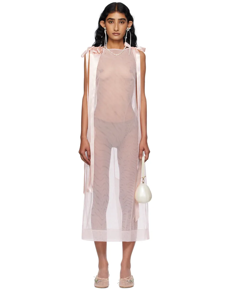 Simone Rocha Pink Sheer Bow Ribbon Tail Midi Dress Pale