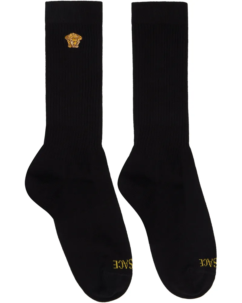 Versace Black & White Embroidered Medusa Ribbed Socks 2b130-black+gold
