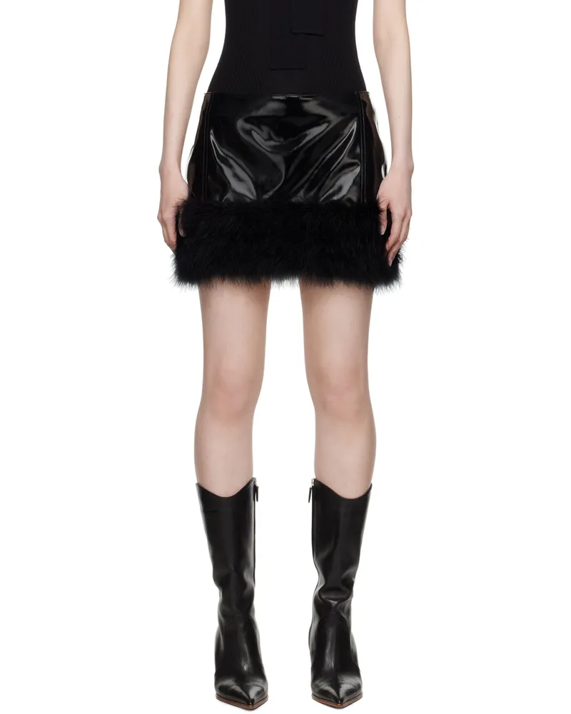 Blumarine Black Marabou Feather Faux-Leather Miniskirt N0990