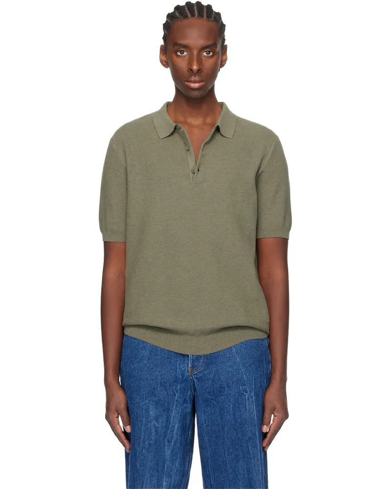 Sunspel Khaki Three-Button Polo Pale