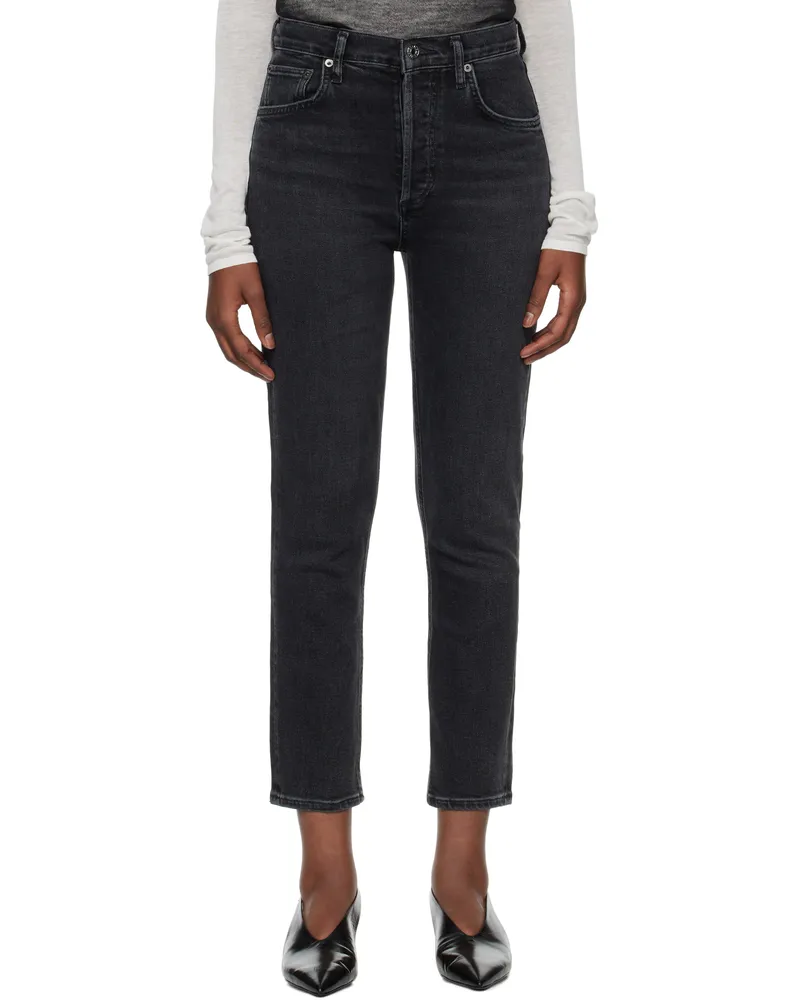 AGOLDE Black Riley High Rise Straight Crop Jeans Panoramic