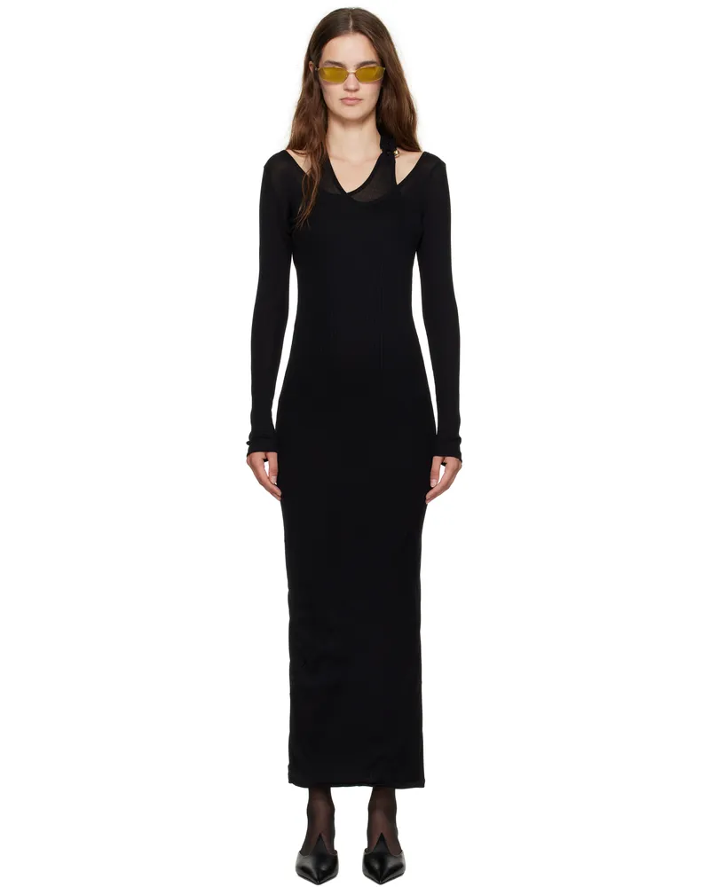 Jean Paul Gaultier Black Ribbed Twisted Double Layer Piercing Midi Dress 00