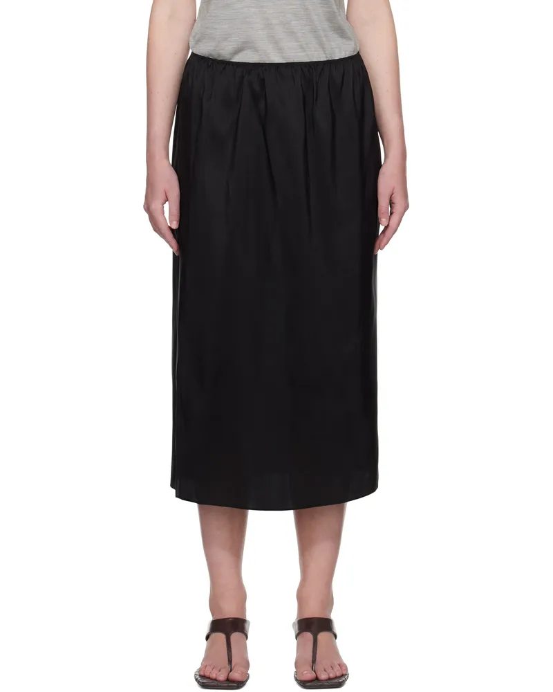 Carven Black Pull-On Silk Toile Midi Skirt Deep
